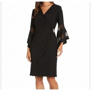 R&M RICHARDS Size 10 Black Faux Wrap Ruched Cocktail Dress Mesh Bell Sleeves NWT